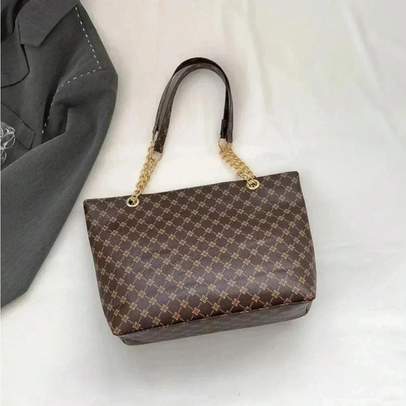 ⚠️Clearance Brown Patterned Large Tote Shoulder Bag Gold Pendant - Picture 3 of 11